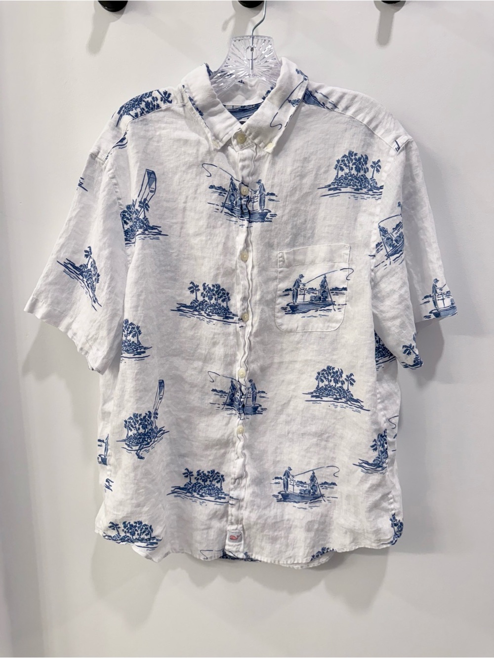 Men’s L 100% Linen Shirt Vineyard Vines Short-Sleeve Fishing Boat Summer Resort